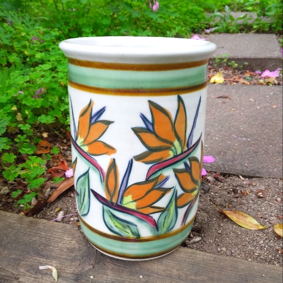 Artist Adams Other - Birds of Paradise hand thrown artist signed ceramic vase